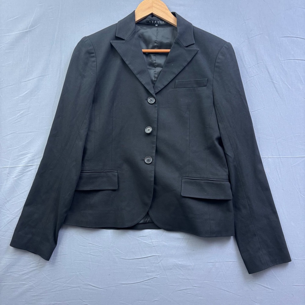 Theory Womens Black Cotton Blend 3 Button Tailored Blazer Jacket Size 8 50403140